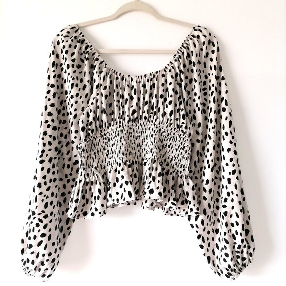 Sincerely Jules Womens White Black Balloon Sleeve Smocked Spotted  Blouse Size M - Picture 4 of 7